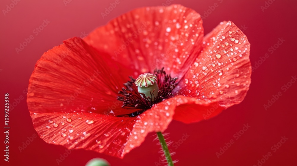 Single red poppy with water droplets on petals against a red background. Single red poppy with water droplets on petals against a red background.