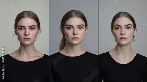 Three women are shown in a row, each with a different hairstyle and makeup. The first woman has a ponytail and a natural look, the second has a more dramatic look with bold makeup and a ponytail photo