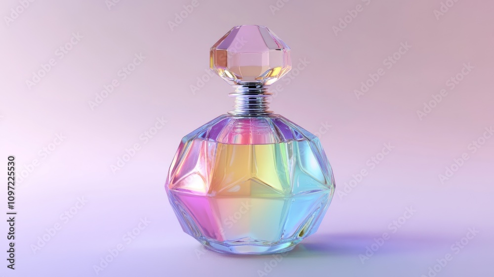 Iridescent Glass Perfume Bottle on Pink Background