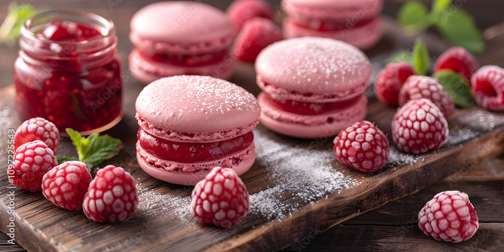 Raspberry macarons on rustic wooden board with fresh raspberries