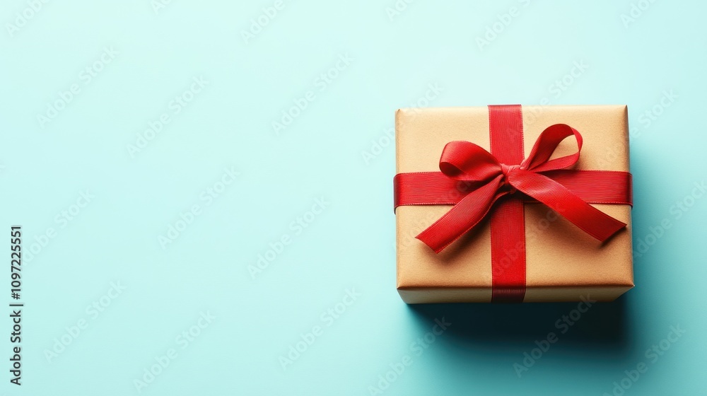 A single, wrapped gift box with a red ribbon on a blue background.