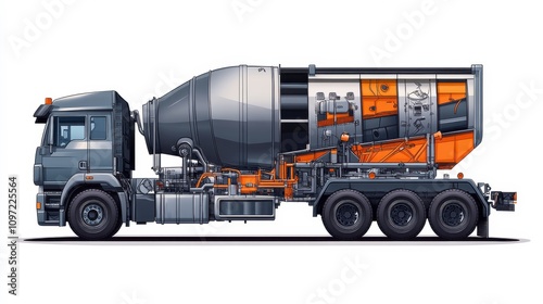 High-Quality Illustration of a Modern Concrete Mixer Truck with a Detailed Interior View and Vibrant Colors Perfect for Construction and Industry Themes