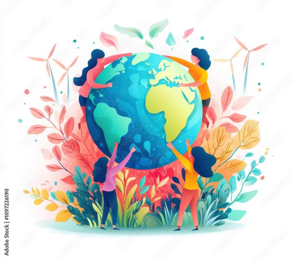 Illustration of teamwork to care for the planet Earth Illustration of teamwork to care for the planet Earth