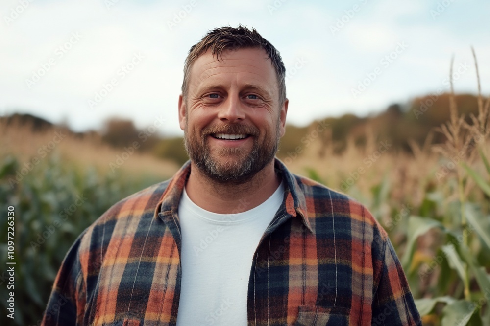 A smiling man in a plaid shirt stands in a cornfield. A smiling man in a plaid shirt stands in a cornfield.