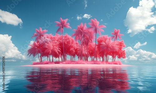 a tropical island oasis in infrared, where the traditional greens of palm trees photo