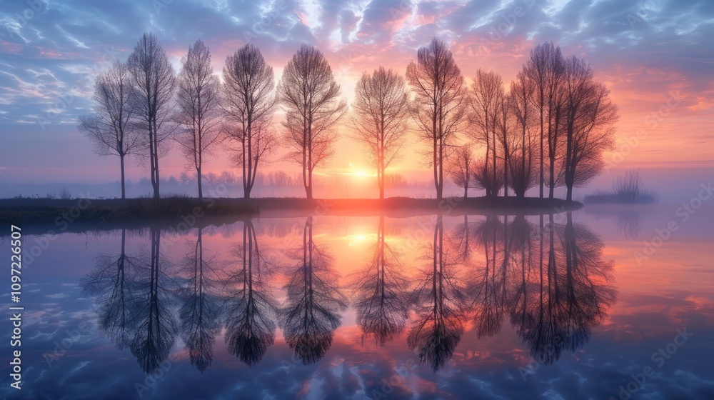 Serene sunrise over calm lake with bare trees reflected in water. Serene sunrise over calm lake with bare trees reflected in water.
