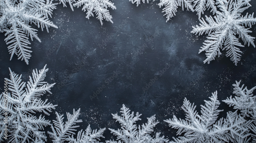 Background and Frame Festive Christmas, Frosted snowflakes frame dark background, creating wintery feel Background and Frame Festive Christmas, Frosted snowflakes frame dark background, creating wintery feel