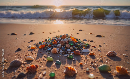 A pile of shells on a beach. The shells are of different colors and sizes. The scene is peaceful and serene, with the sun shining on the sand and the water photo