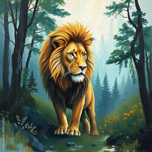 Lion . Oil paint. Animal illustration. Design for use in graphics. photo