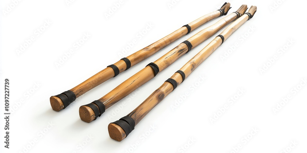 Bamboo tent poles arranged in row, showcasing natural texture and color