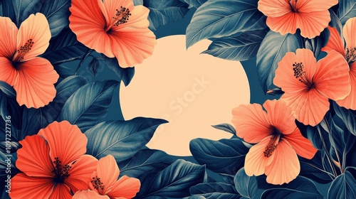 Wallpaper Mural Vibrant floral design featuring hibiscus flowers and leaves for decorative use. Torontodigital.ca