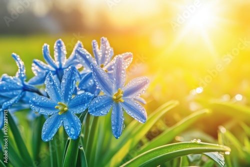 A spring meadow features a common star hyacinth Chionodoxa luciliae with tiny droplets on the blooms and sunlight in the backdrop photo