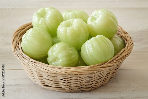 A tiny wicker basket holds shiny light green wax apples on a light wood surface featuring a bumpy texture and conical shape photo