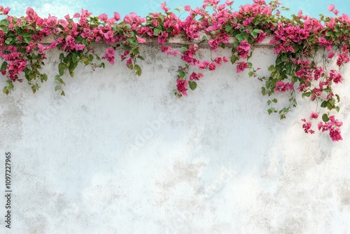 A white wall adorned with cascading pink bougainvillea under a blue sky