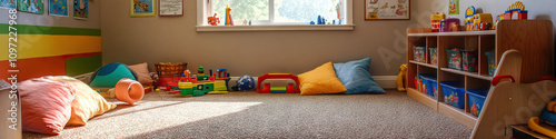 A cozy, inviting space, featuring a carpeted floor, soft pillows, and low shelves filled with developmentally appropriate toys. photo