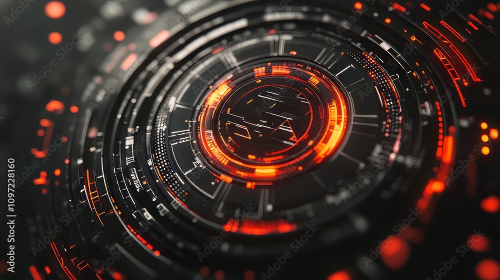 Close-up of a futuristic circular interface with glowing red accents. Close-up of a futuristic circular interface with glowing red accents.