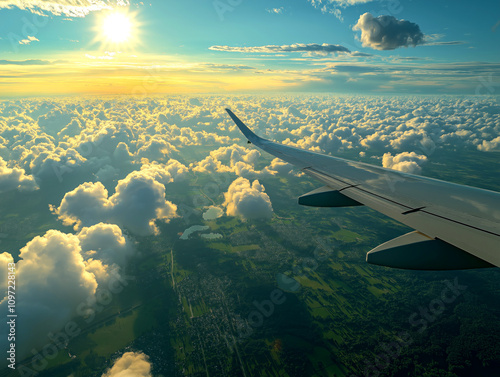 Vista aérea da asa de um avião cortando o céu, com as nuvens abaixo e a cidade se estendendo ao longe photo