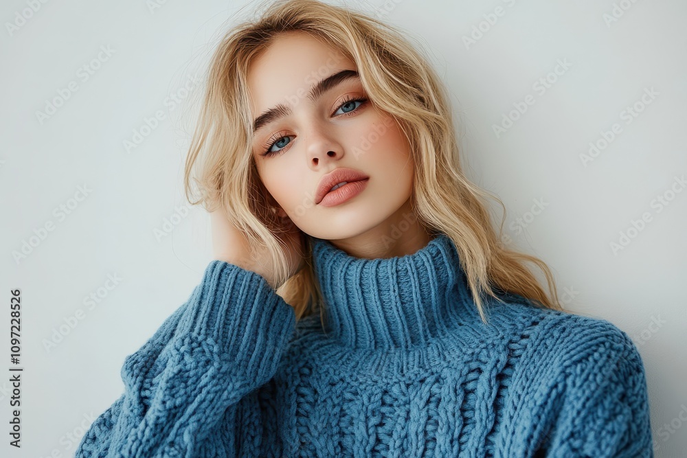 Attractive blonde woman in a blue sweater posed against a white wall Stylish close up shot of a stunning model Attractive blonde woman in a blue sweater posed against a white wall Stylish close up shot of a stunning model
