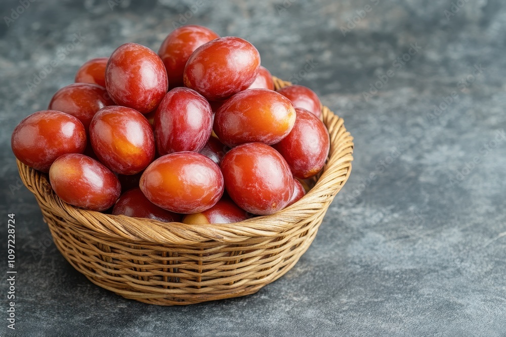 Basket of ripe tasty Taiwanese Jujube fruit on a gray table Basket of ripe tasty Taiwanese Jujube fruit on a gray table