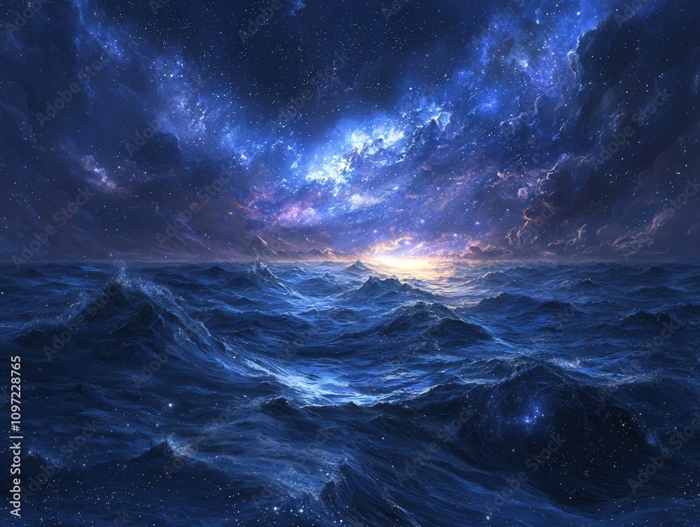 Fototapeta premium Starry Night Ocean: A Cosmic Seascape of Dreams and Imagination