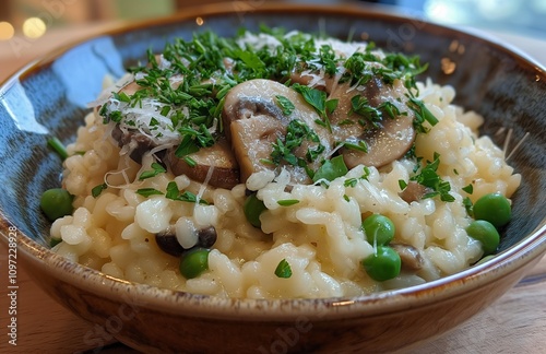 Bowl of vegetarian risotto with champignons mushrooms. photo