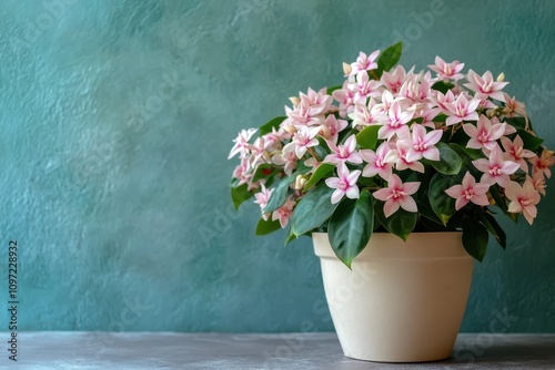 Blooming Hoya Carnosa Tricolor Potted Plant with Pink Flowers Space for Text photo