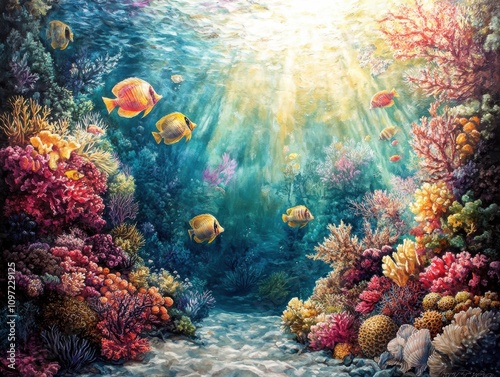 Wallpaper Mural Vibrant underwater scene with colorful coral and fish illuminated by sunlight. Torontodigital.ca