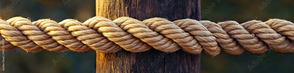 An intricately woven rope or chain, draped over a wooden pole, serving as a metaphor for unity and strength. An intricately woven rope or chain, draped over a wooden pole, serving as a metaphor for unity and strength.