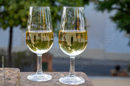 Sherry wine glasses and old bogedas jerez wine cellars on background in Jerez de la Frontera, wine glasses outdoor, cityview, Andalusia, Spain