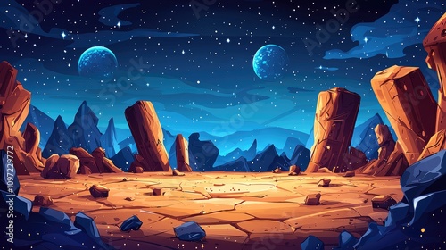 A Nighttime Scene on an Alien Planet with Tall Rocks and Two Moons in the Sky photo