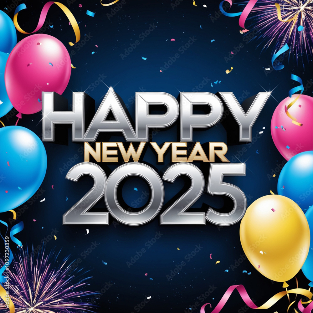 A vibrant and celebratory logo for Happy New Year 2025, featuring bold, silver, and gold metallic letters with a futuristic font, surrounded by confetti and balloons Generated With AI Image A vibrant and celebratory logo for Happy New Year 2025, featuring bold, silver, and gold metallic letters with a futuristic font, surrounded by confetti and balloons Generated With AI Image