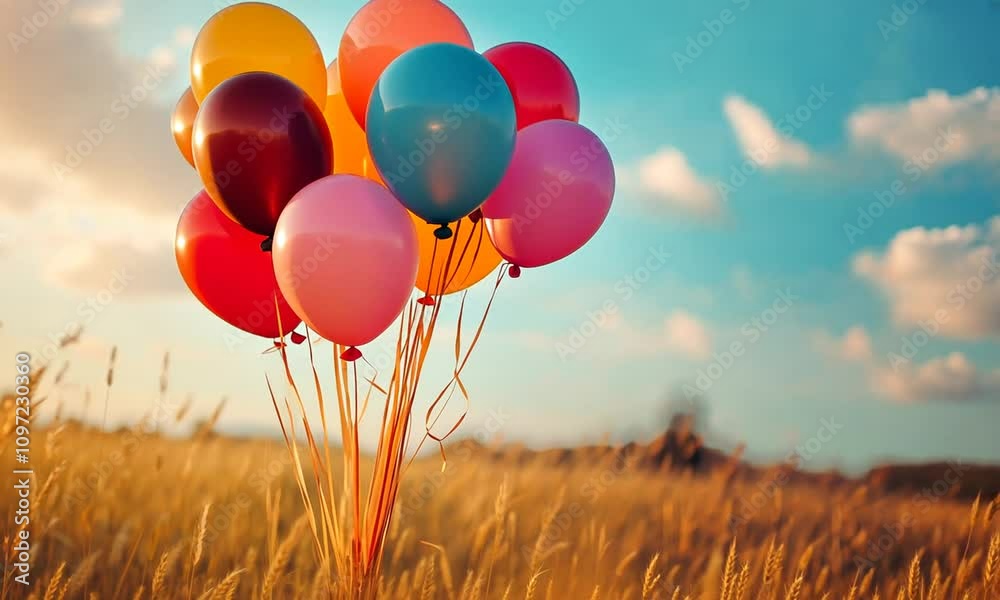 Bright and Colorful Balloons Floating Above a Serene Landscape Amidst a Blue Sky with Soft Clouds, Capturing Joy and Celebration in a Beautiful Setting Bright and Colorful Balloons Floating Above a Serene Landscape Amidst a Blue Sky with Soft Clouds, Capturing Joy and Celebration in a Beautiful Setting