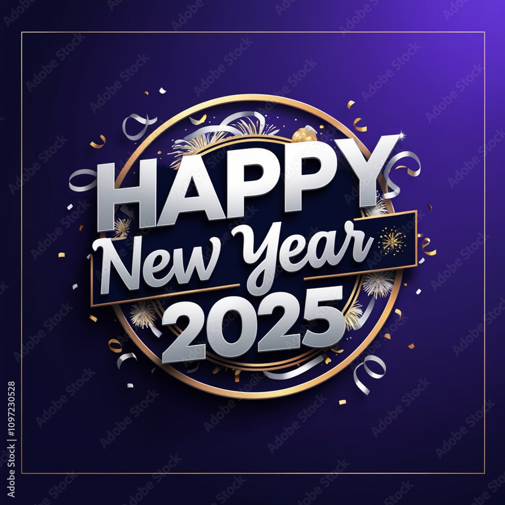 Fototapeta premium A vibrant, modern logo for Happy New Year 2025, featuring bold, silver fonts, gradient effect, set against dark blue or purple background that evokes luxury and celebration, Generated With AI Image.