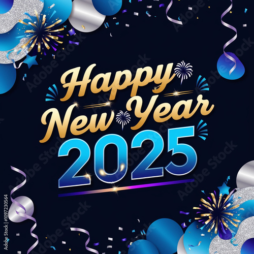 A vibrant, modern, and celebratory logo for Happy New Year 2025, featuring bold, golden font with a subtle sparkle effect, surrounded by circle of multicolored fireworks Generated With AI Image.