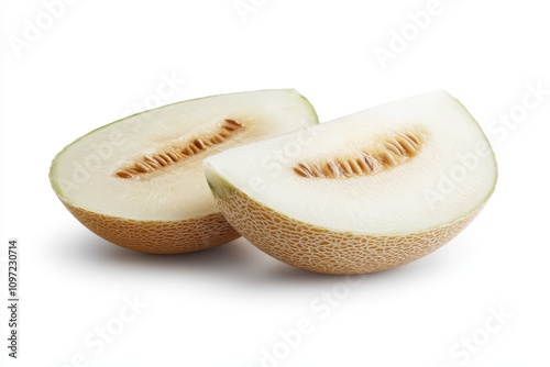 Cut melons Piel de Sapo Honeydew on a white background one halved with a slice photo