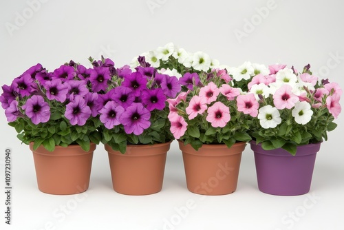 Different types of petunias and surfinia in the planter