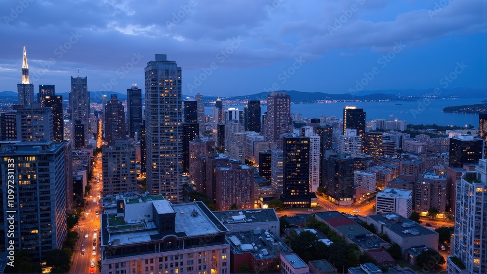 Fototapeta premium Generative AI, Dynamic Urban Skyline at Dusk