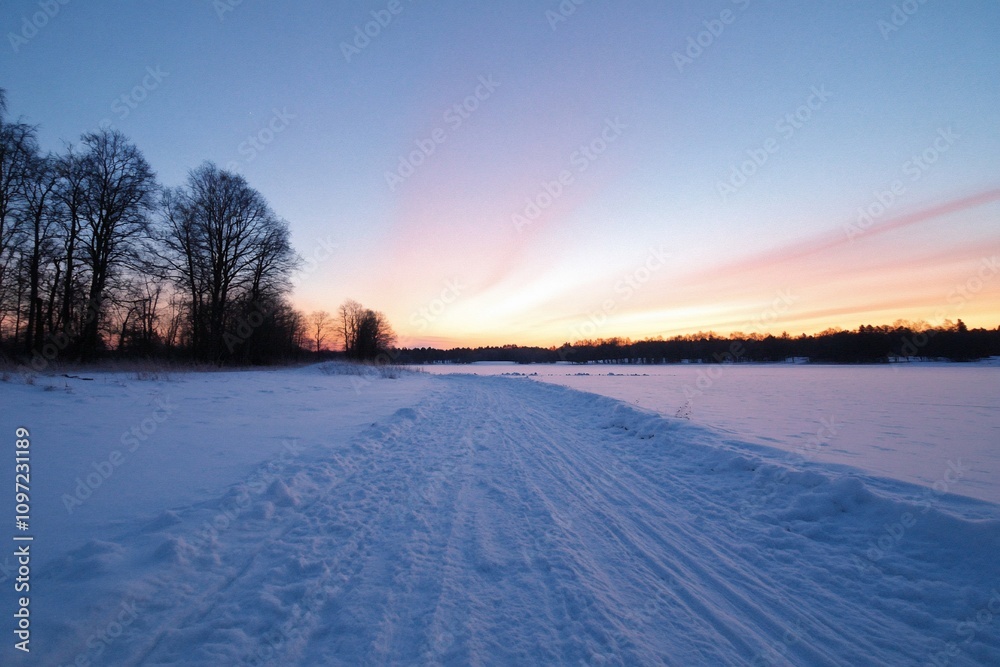 Snow-covered path leading to a serene winter sunset. Snow-covered path leading to a serene winter sunset.