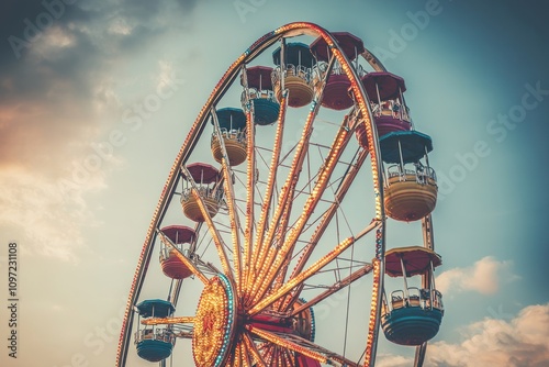 A colorful Ferris wheel illuminated against a sunset sky, symbolizing fun and leisure. photo