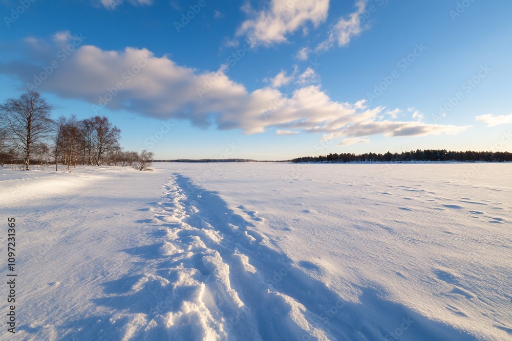 A serene winter landscape with snow-covered ground and blue sky. A serene winter landscape with snow-covered ground and blue sky.