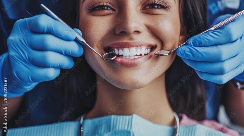 A woman is smiling while a dentist is holding a pair of dental instruments in her mouth. Concept of trust and comfort between the patient and the dentist, as the patient is relaxed A woman is smiling while a dentist is holding a pair of dental instruments in her mouth. Concept of trust and comfort between the patient and the dentist, as the patient is relaxed