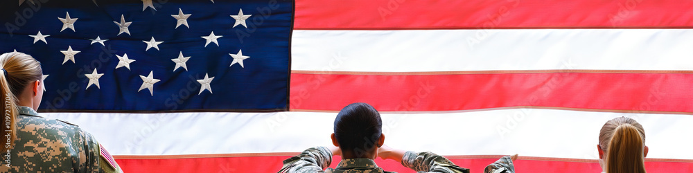 Fototapeta premium Female national guard members raising the American flag during a ceremony.