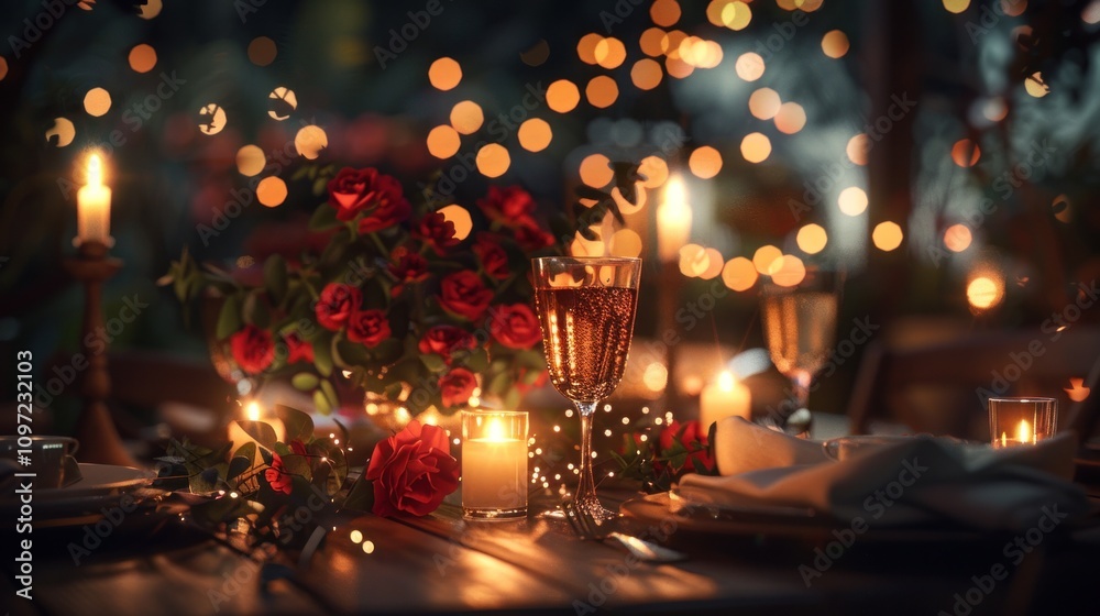 Romantic dinner setting with candles, roses, and wine. Romantic dinner setting with candles, roses, and wine.