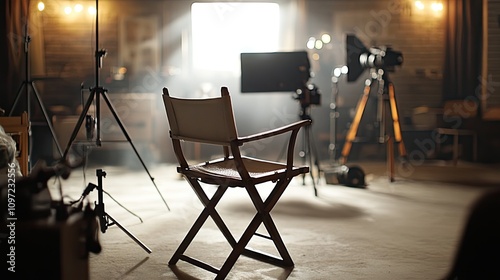 Empty Director's Chair in a Film Studio with Soft Lighting Effects