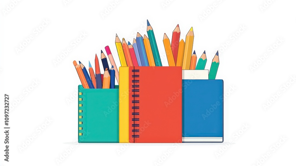 Fototapeta premium Colorful Stationery Items Including Notebooks and Pencils on Display