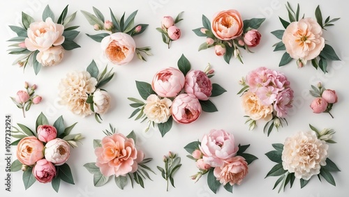 Watercolor floral arrangements with roses peonies and hydrangeas on white background