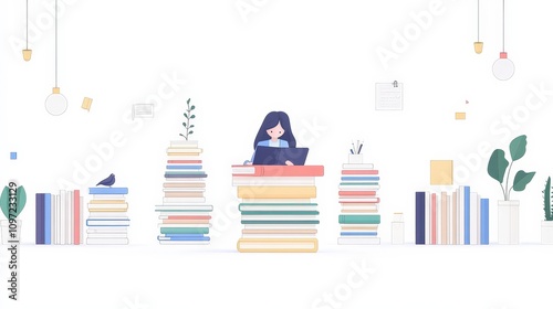 Young Woman Working on Laptop Surrounded by Colorful Books Stacks