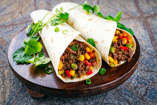 Mexican style burritos - tortilla wrap with spicy minced meat, vegetables and leek served as close-up with hot spices on a wooden chopping board