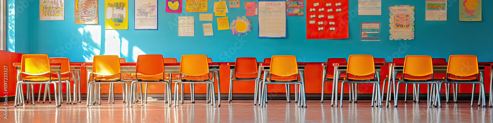 Fototapeta premium Learning Lab: A cheerful classroom, with colorful posters adorning the walls and a row of empty school desks.