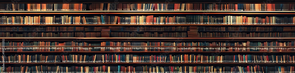 Open Bookshelf: A spacious library, filled with rows of untouched books, ready for readers. Open Bookshelf: A spacious library, filled with rows of untouched books, ready for readers.